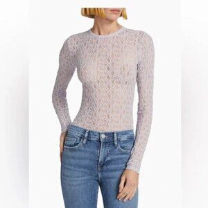 FRAME Mesh Lace Crewneck Long-Sleeve Top in Light Lilac Size S